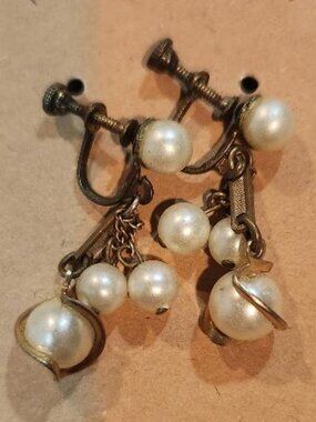 Vintage Faux Pearl Dangle Screw Back Earrings